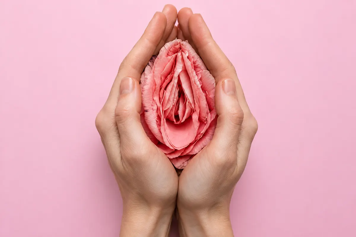 Mãos em concha segurando uma flor rosa, em fundo rosa